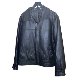 VTG St. John's Bay Mens Large Black‎ Genuine Leather Bomber Quilted Lined Jacket